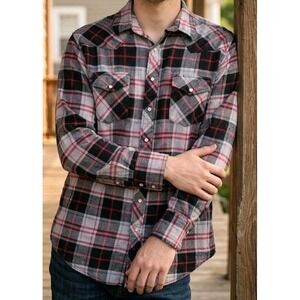 Wrangler Mens Plaid Pearl Snap Shirt LT Large Tall Cotton Flannel Western Red
